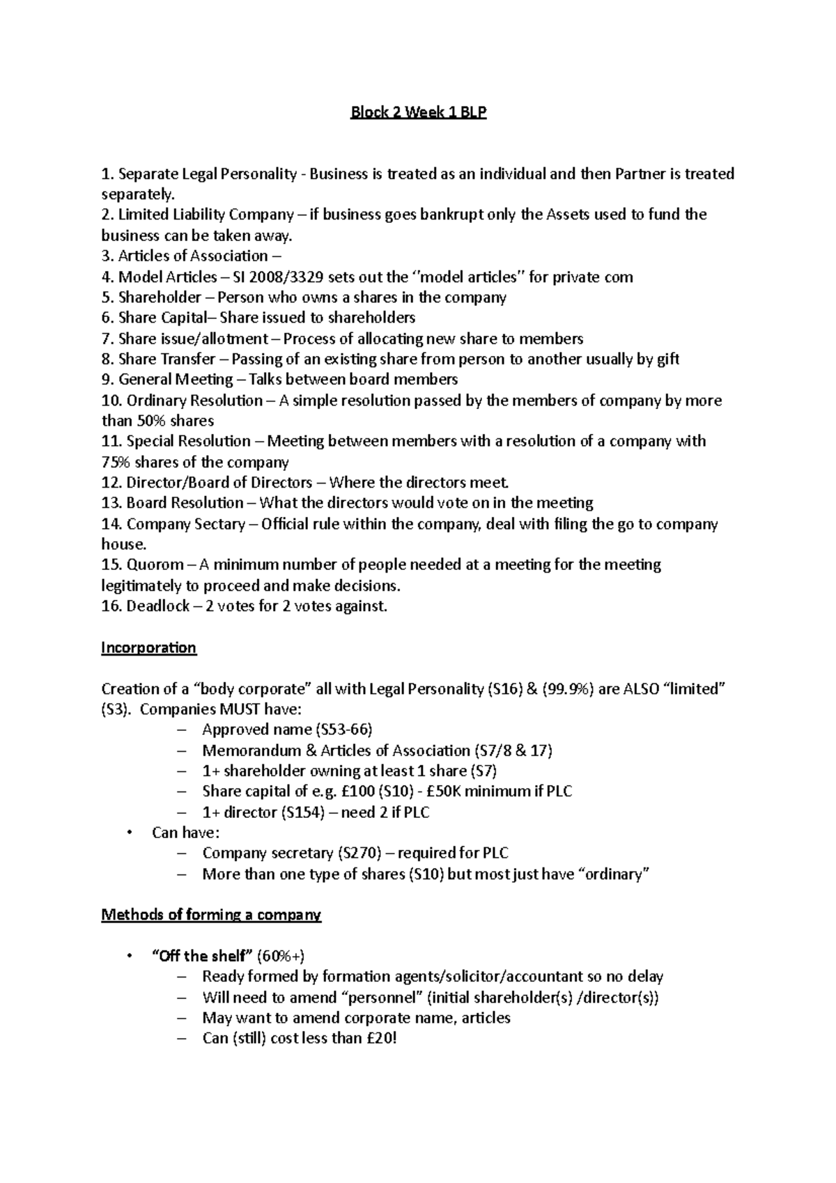 Block 2 Week 1 BLP - notes - Block 2 Week 1 BLP Separate Legal ...