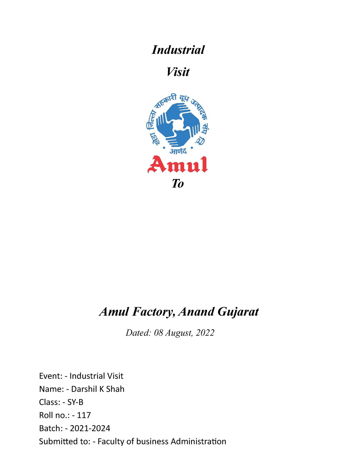 amul dairy industrial visit report pdf