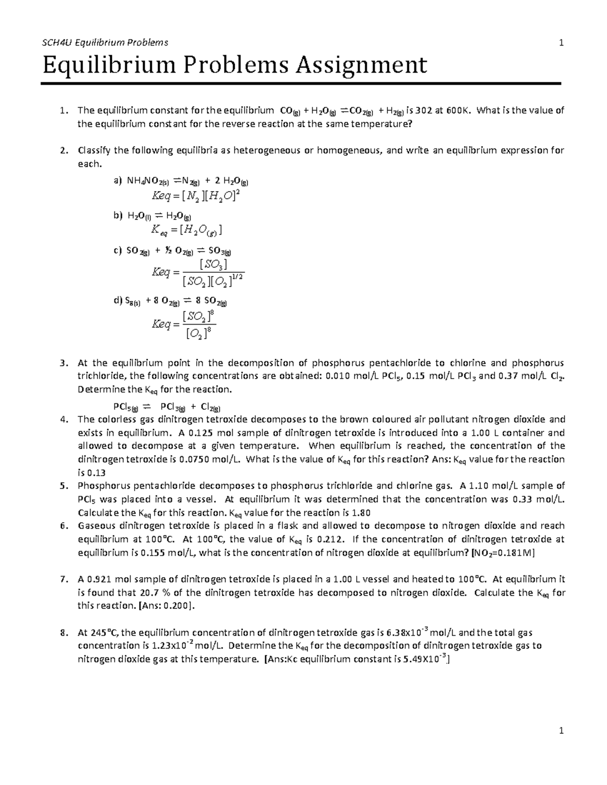 Equilibrium ICEProblems 8Questions Q - SCH4U Equilibrium Problems 1 1 ...