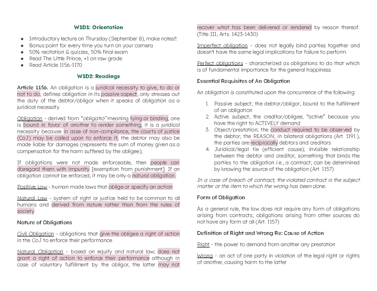 W1D1-W1D2 - Lecture notes for Obligations and Contracts - W1D1 ...