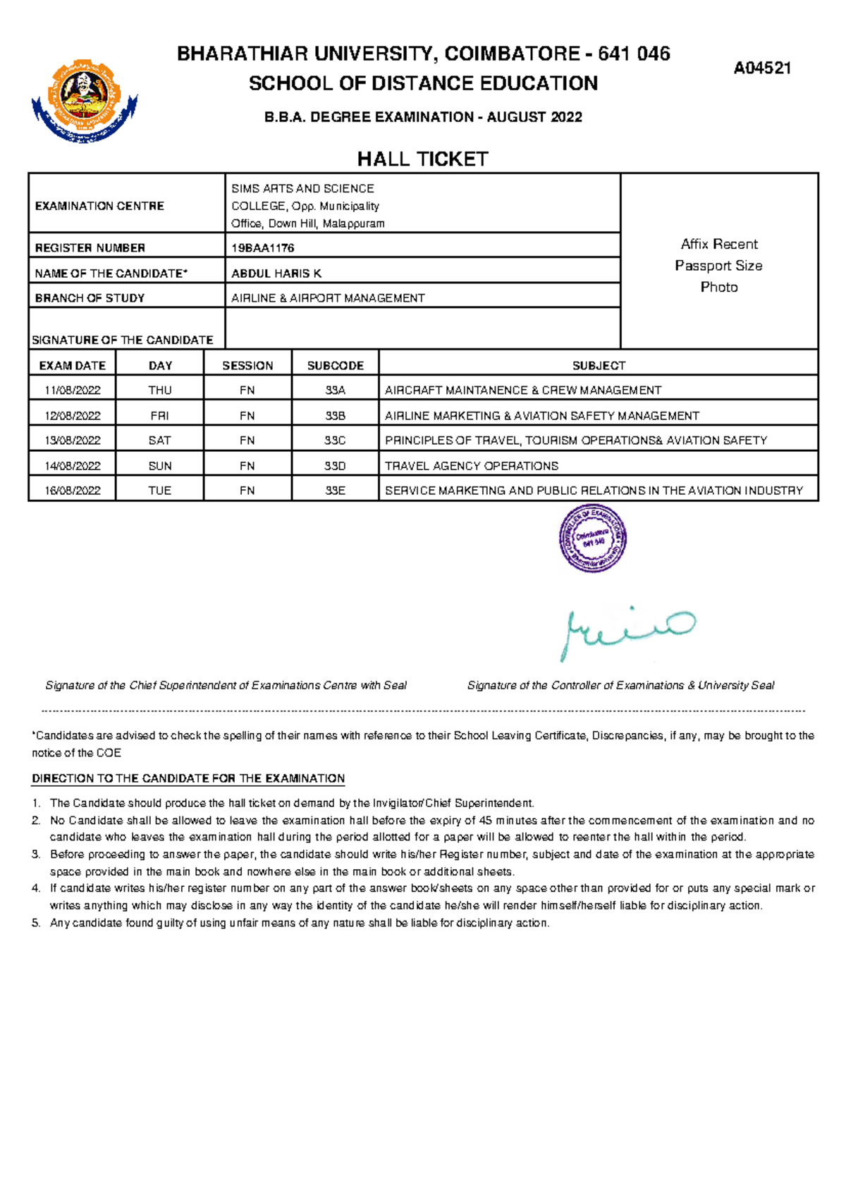 Hall Ticket - Pdf - BHARATHIAR UNIVERSITY, COIMBATORE - 641 046 SCHOOL ...