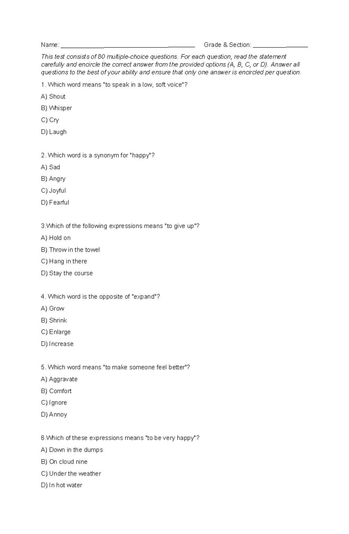 Original TQ - Sample Test Questions in English 8 - Name: Grade ...