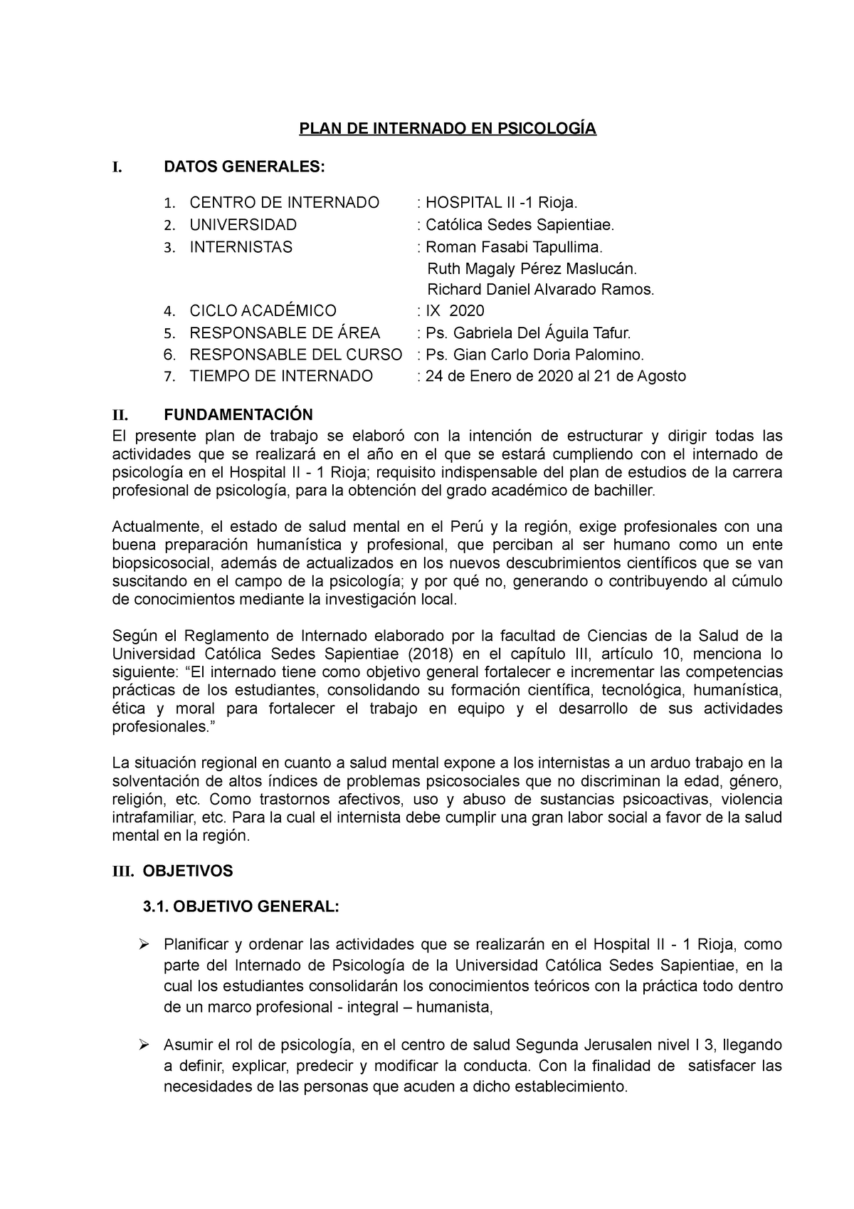 PLAN DE Internado - modelo de plan de trabajo en el area de tutoria - PLAN  DE INTERNADO EN - Studocu