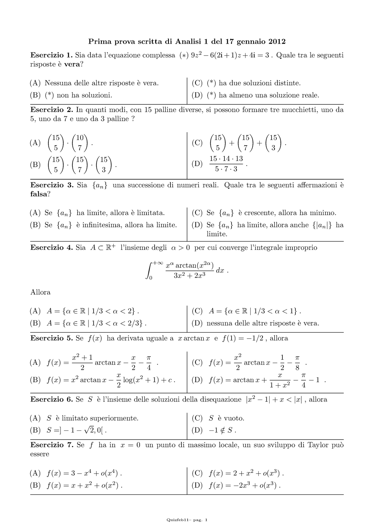 Esame Analisi Matematica 1 Del 17 Gennaio 2012, Domande Prima Parte ...