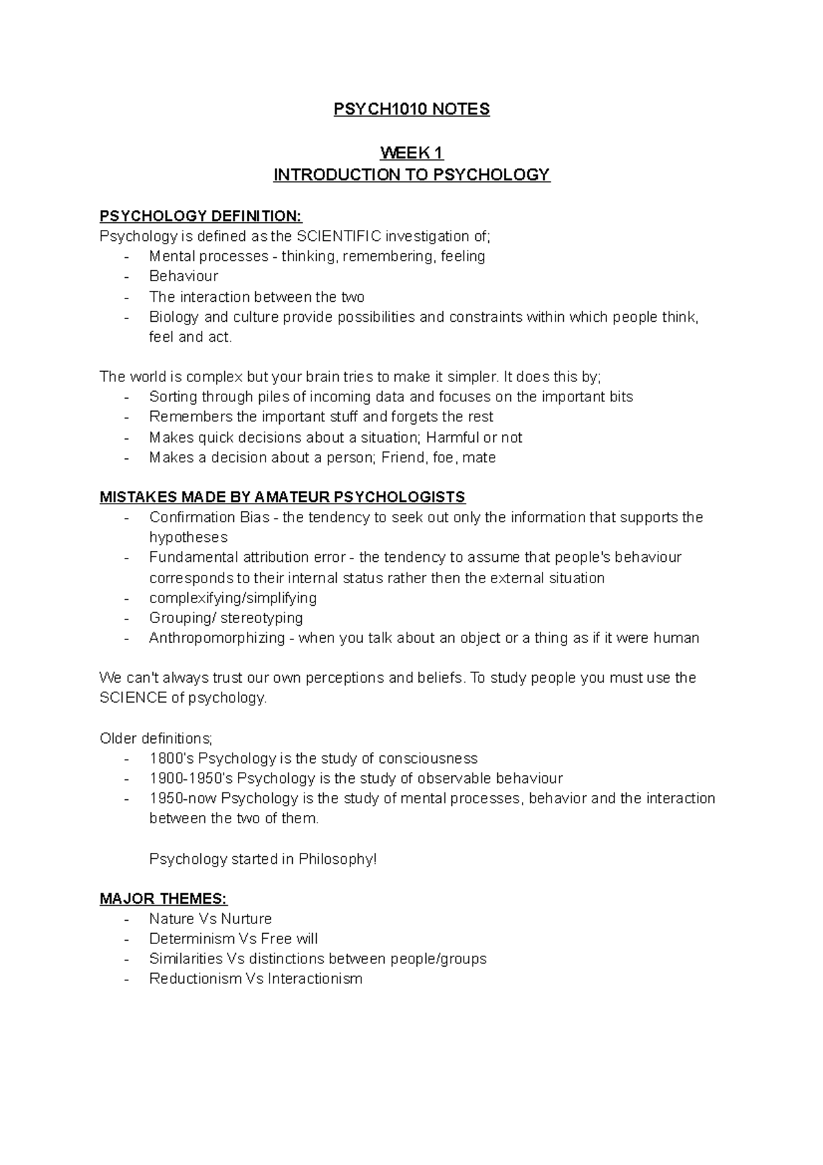 WEEK 1 2 & 3 - Lecture notes 1-3 - PSYCH1010 NOTES WEEK 1 INTRODUCTION ...