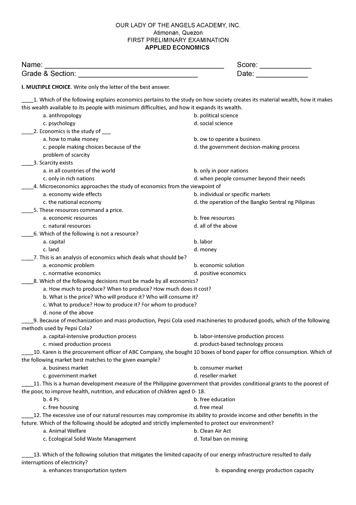 First quarter exam - EXAM - OUR LADY OF THE ANGELS ACADEMY, INC ...