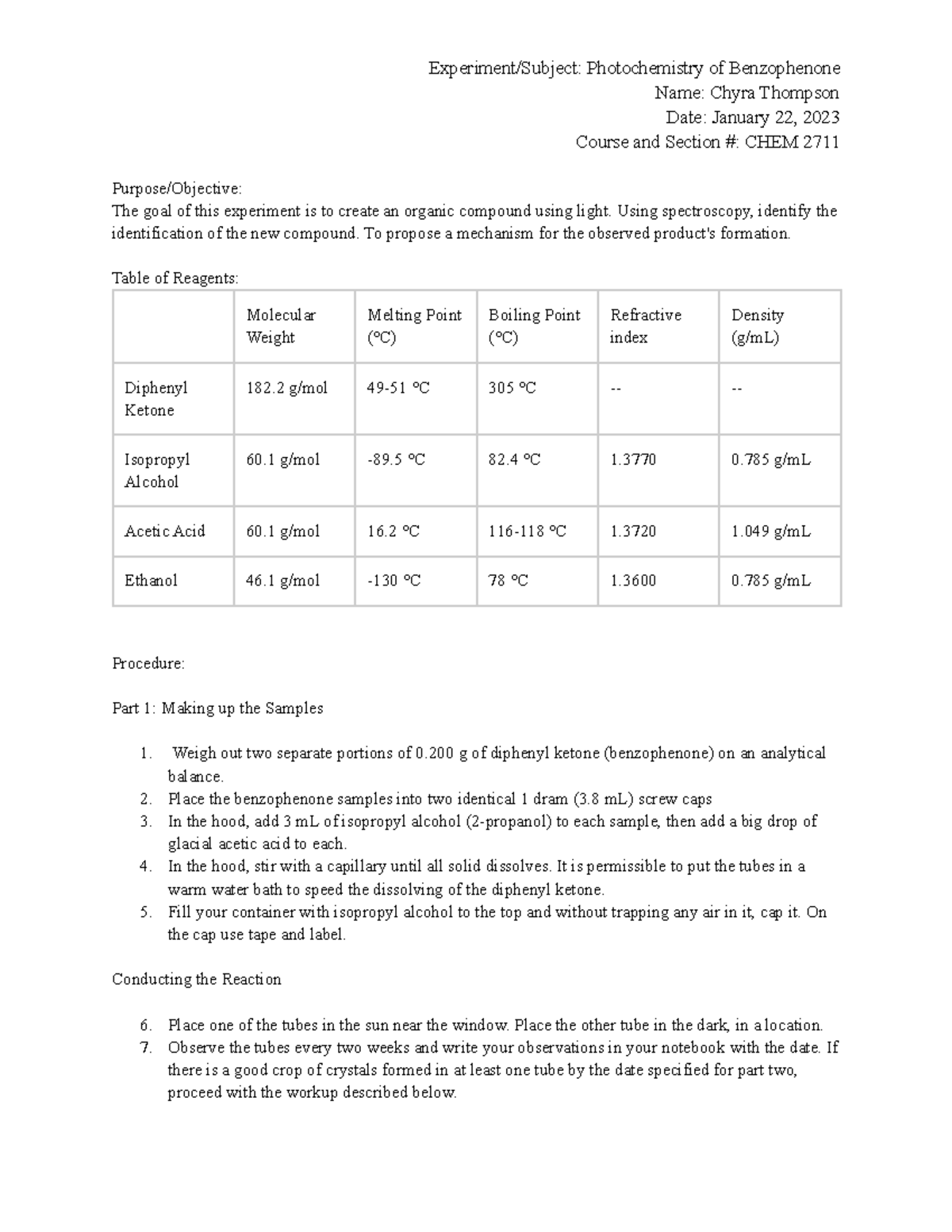 Photochemistry of Benzophenone Pre-Lab - Experiment/Subject ...