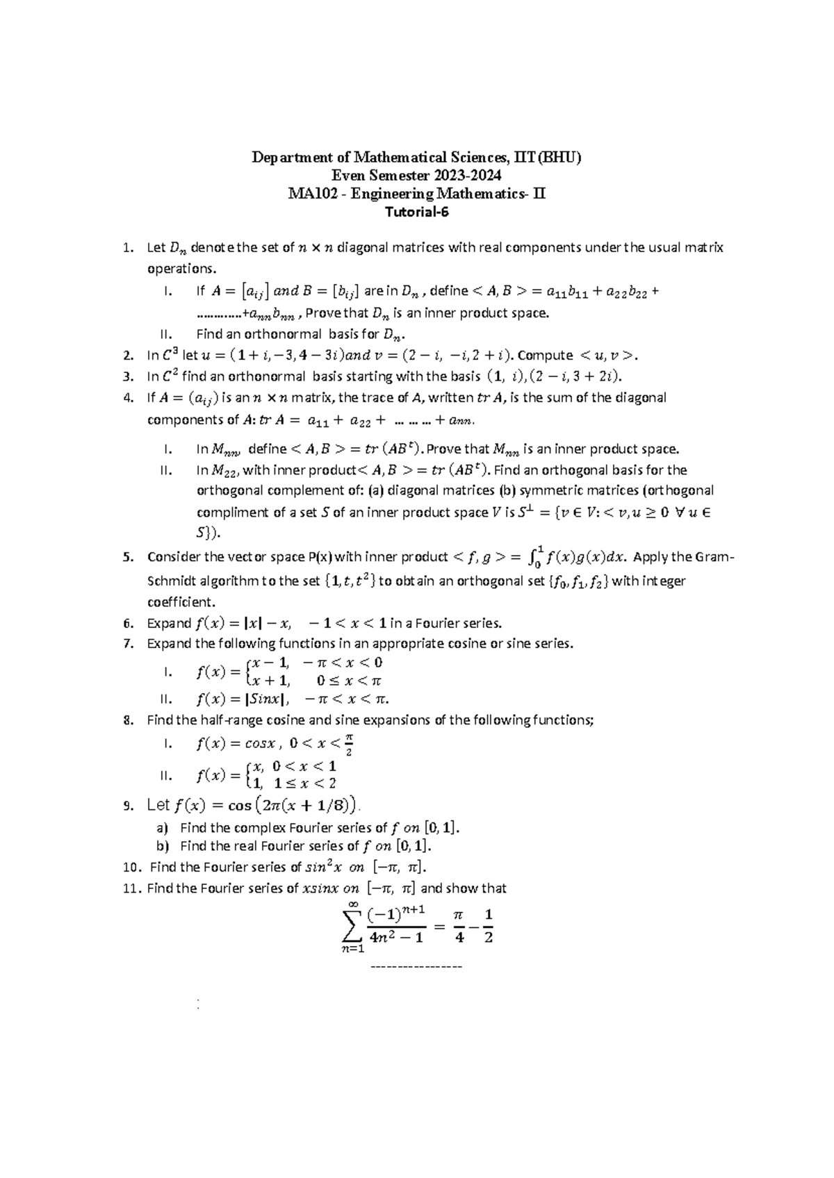 Tutorial 6 (E 23-24) - Department of Mathematical Sciences, IIT(BHU ...