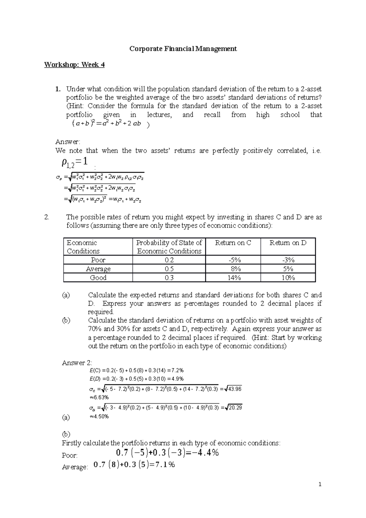 Answers for Workshop 4 - Corporate Financial Management Workshop: Week ...