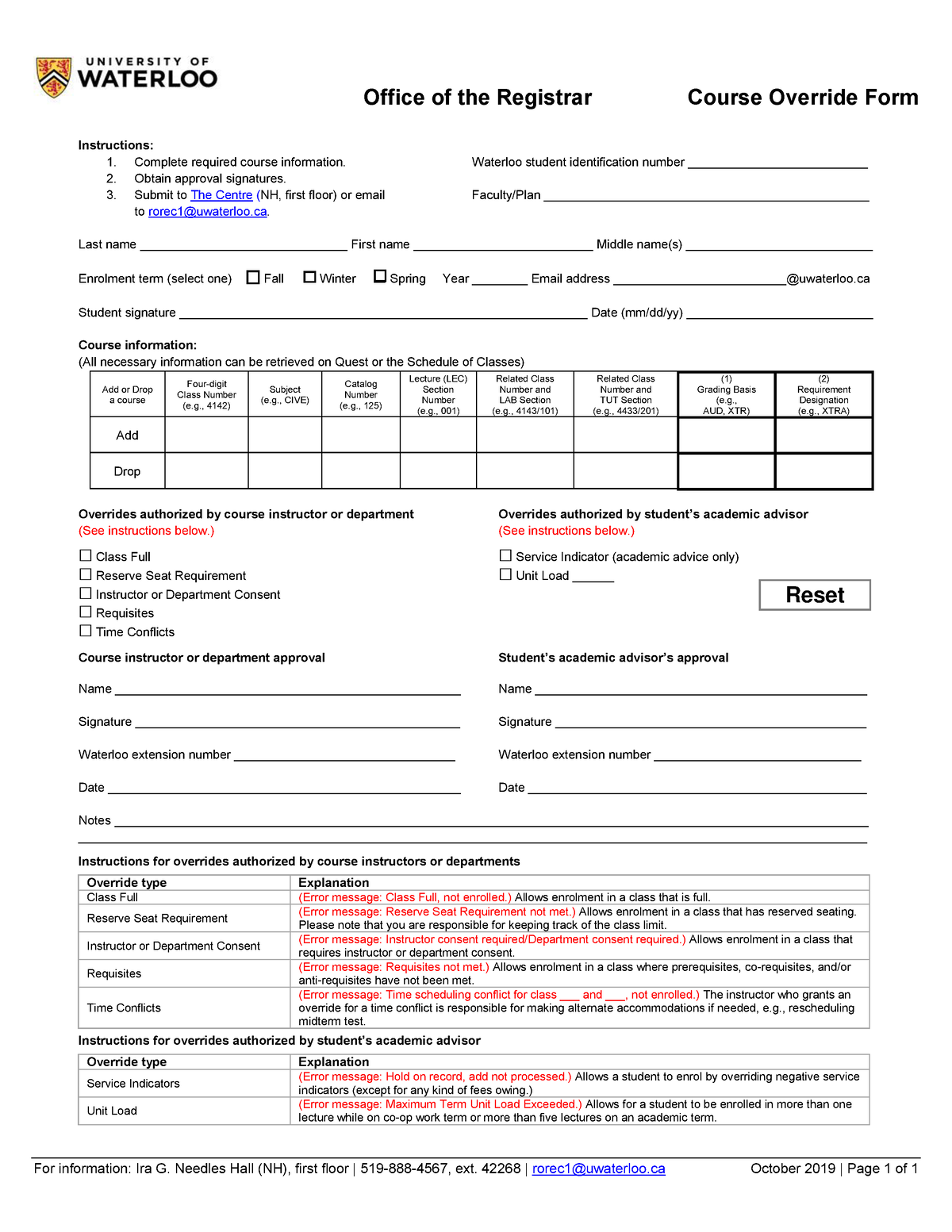 Courseoverride oct2019 Office of the Registrar Course Override Form