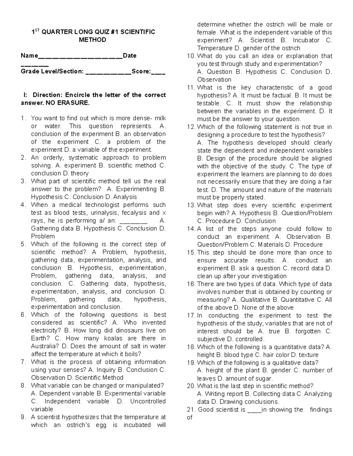 Scientific Method sample quiz 1 ST QUARTER LONG QUIZ 1 SCIENTIFIC