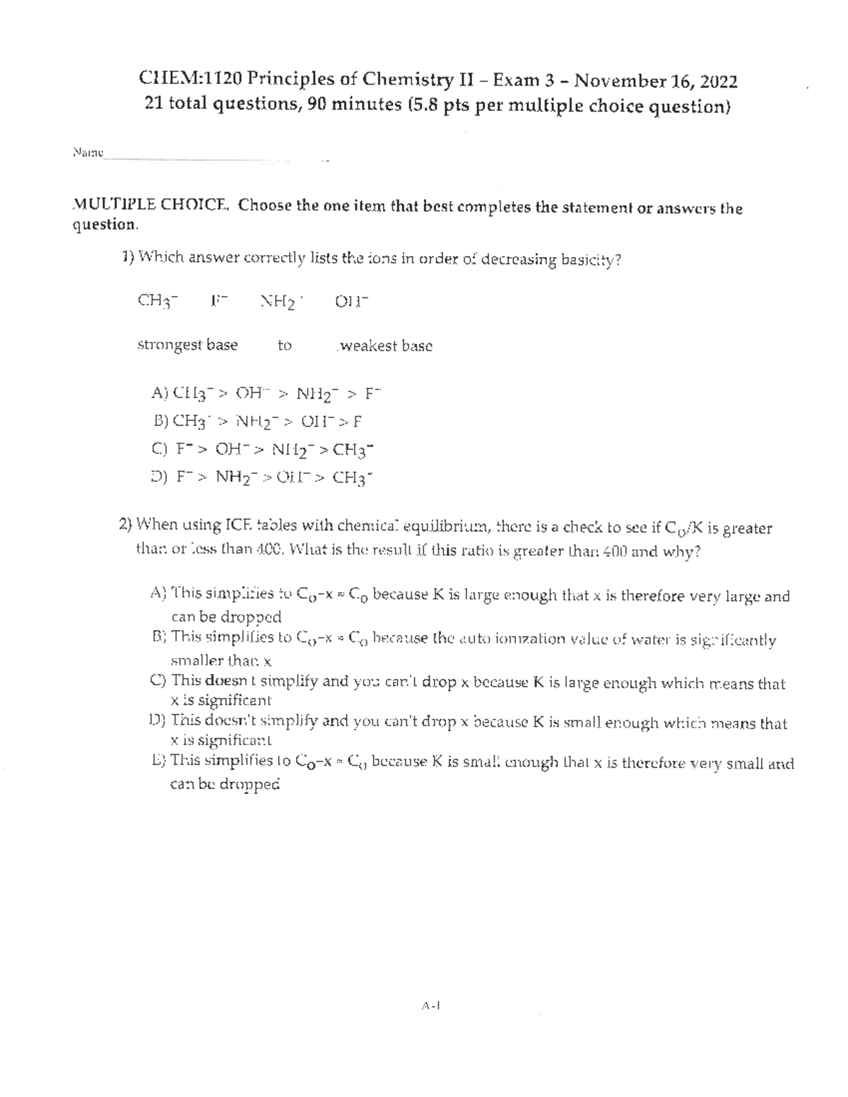 Practice Exam #3 - exam 3 - CHEM1120000A - Studocu