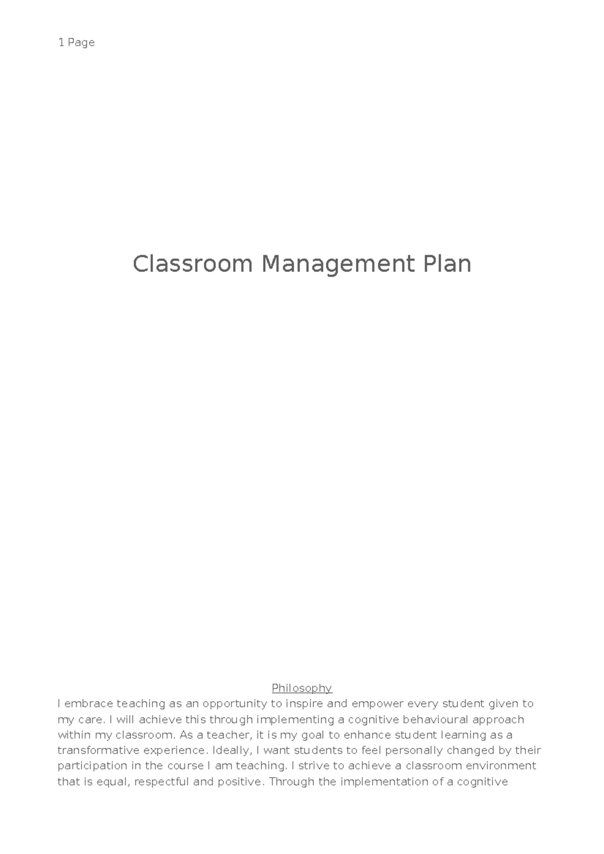 AT2 Classroom Management Plan - Classroom Management Plan Philosophy I ...