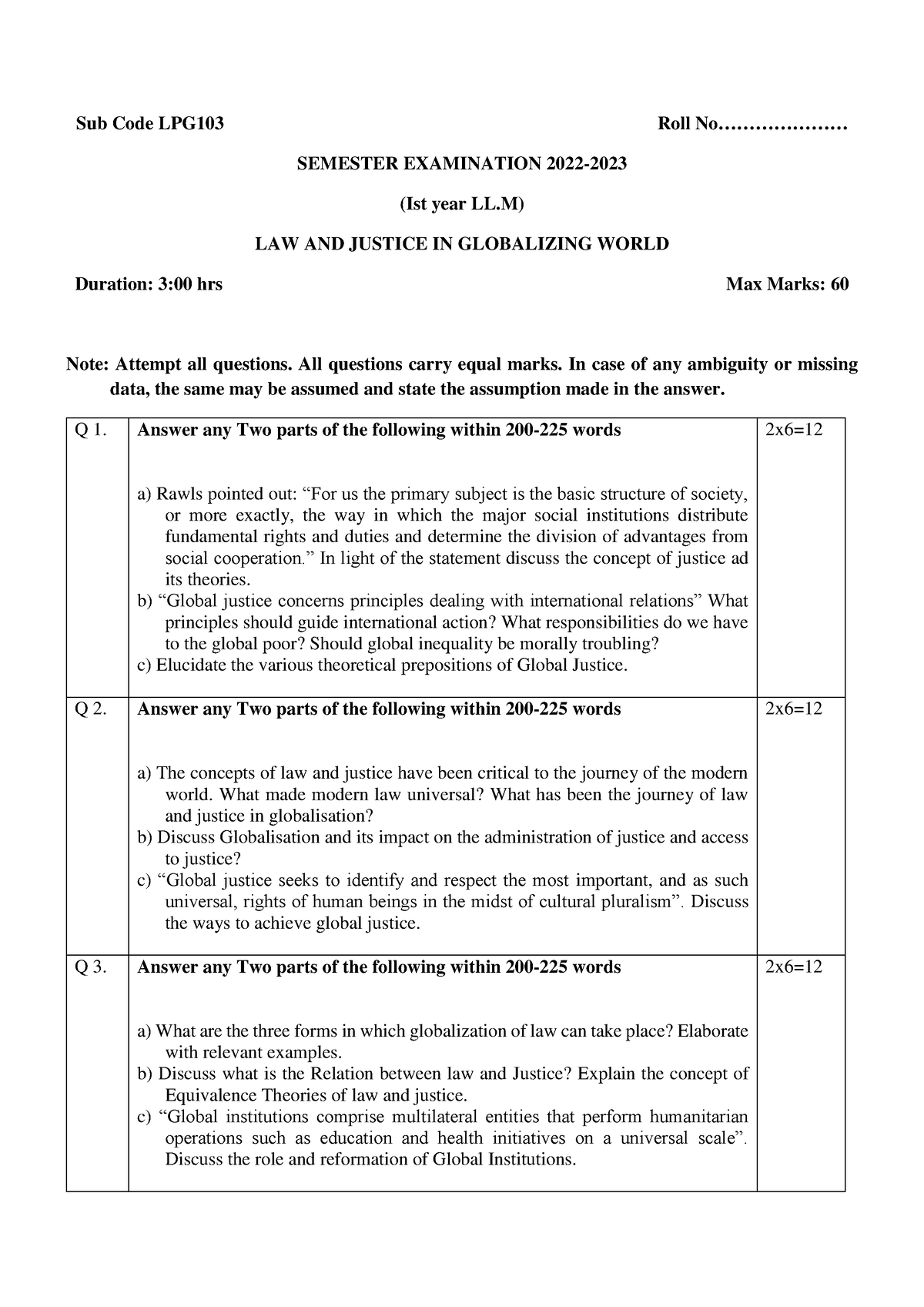 LAW AND Justice IN Globalizing World - Sub Code LPG103 Roll No ...