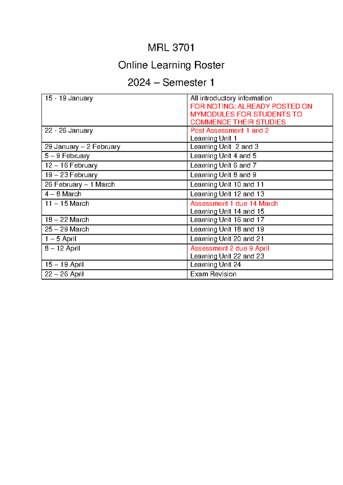 MRL 3701 Semester 1 2024 Teaching Roster - MRL 3701 Online Learning ...