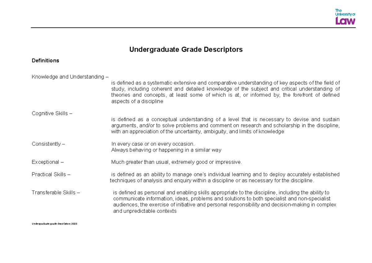 Grade Descriptor - Undergraduate Grade Descriptors Definitions ...