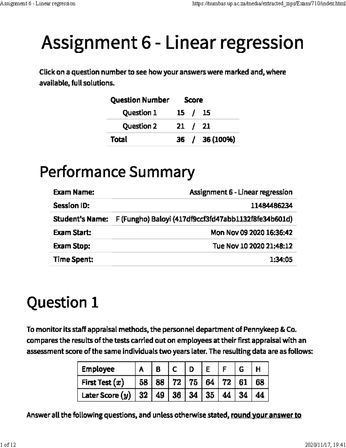 assignment for linear regression