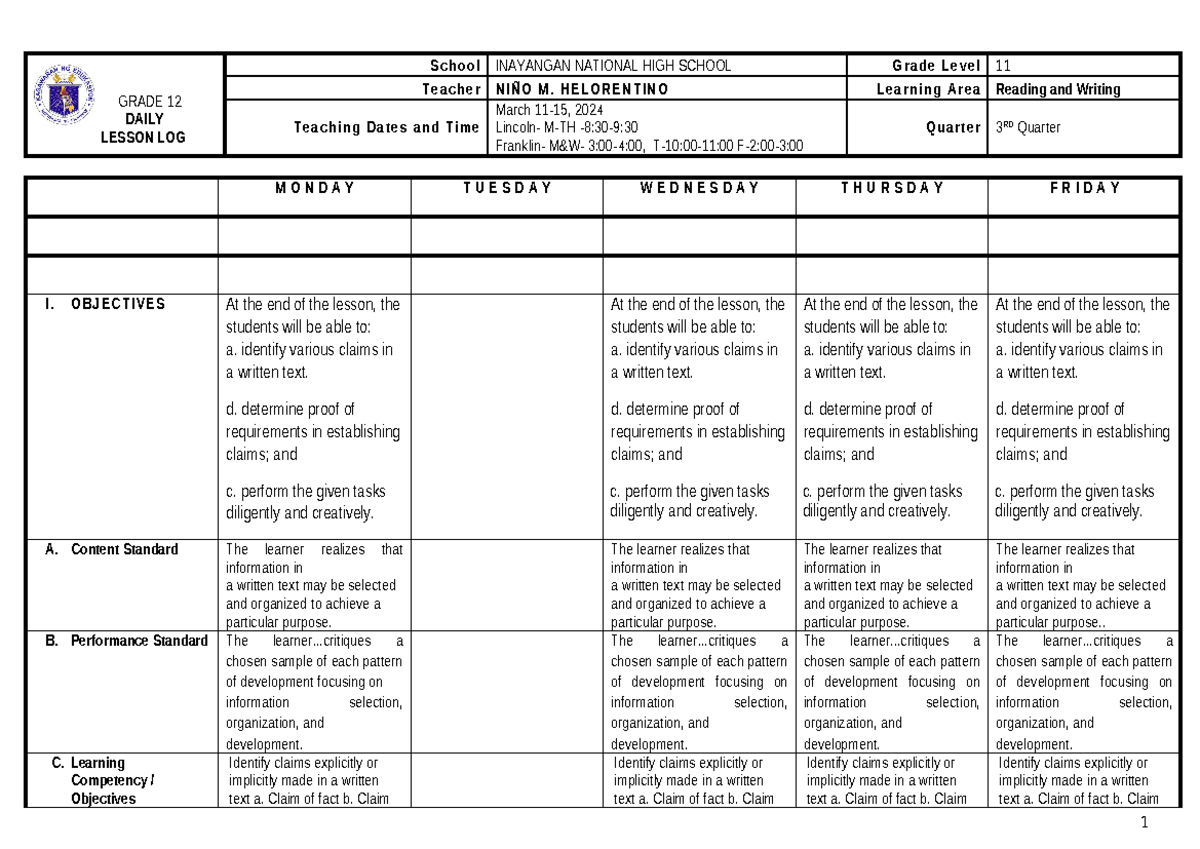 Identifying claims- March 11-15, 2024 - GRADE 12 DAILY LESSON LOG ...