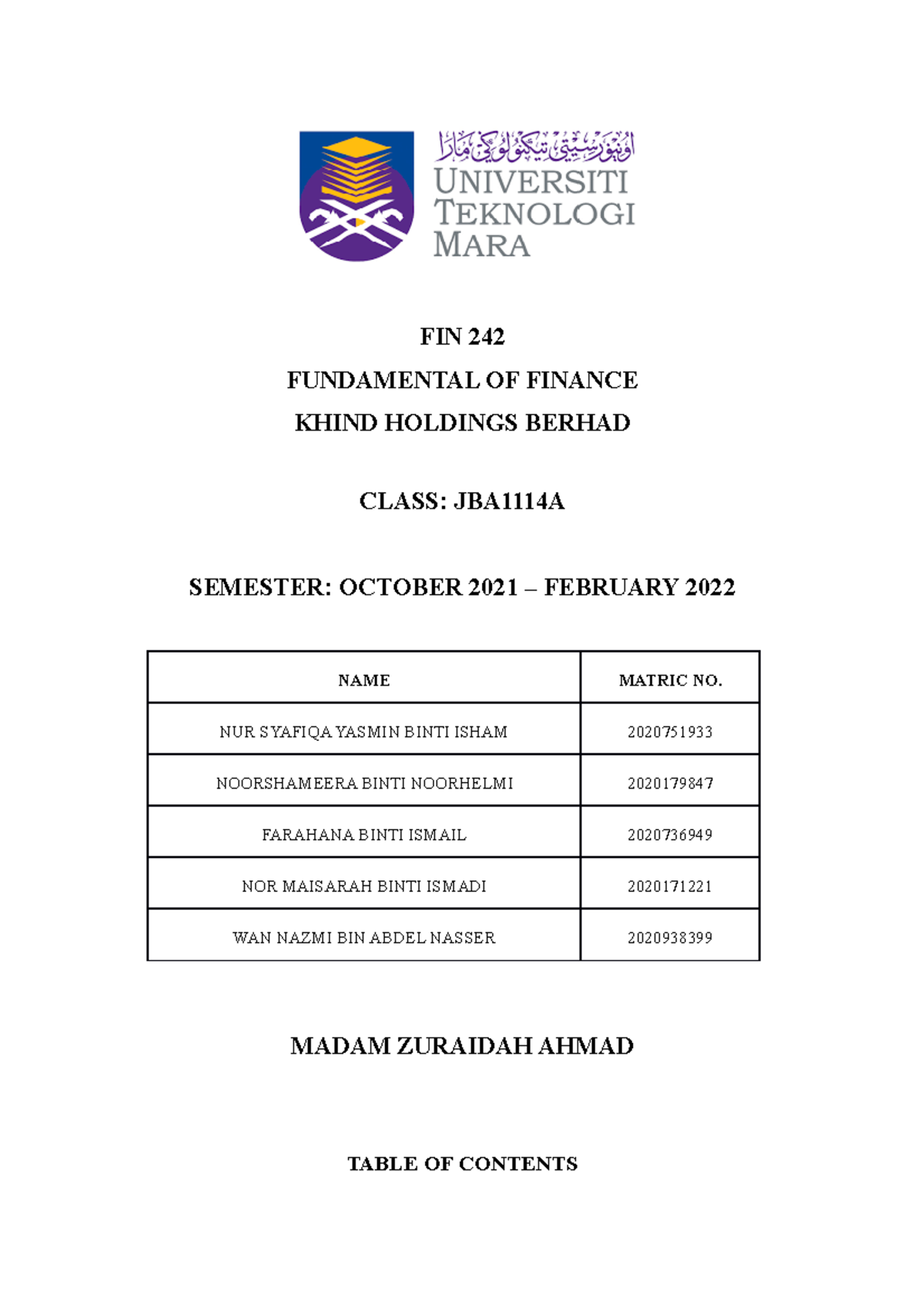 FIN242 - Financial Analysis Report - FIN 242 FUNDAMENTAL OF FINANCE ...