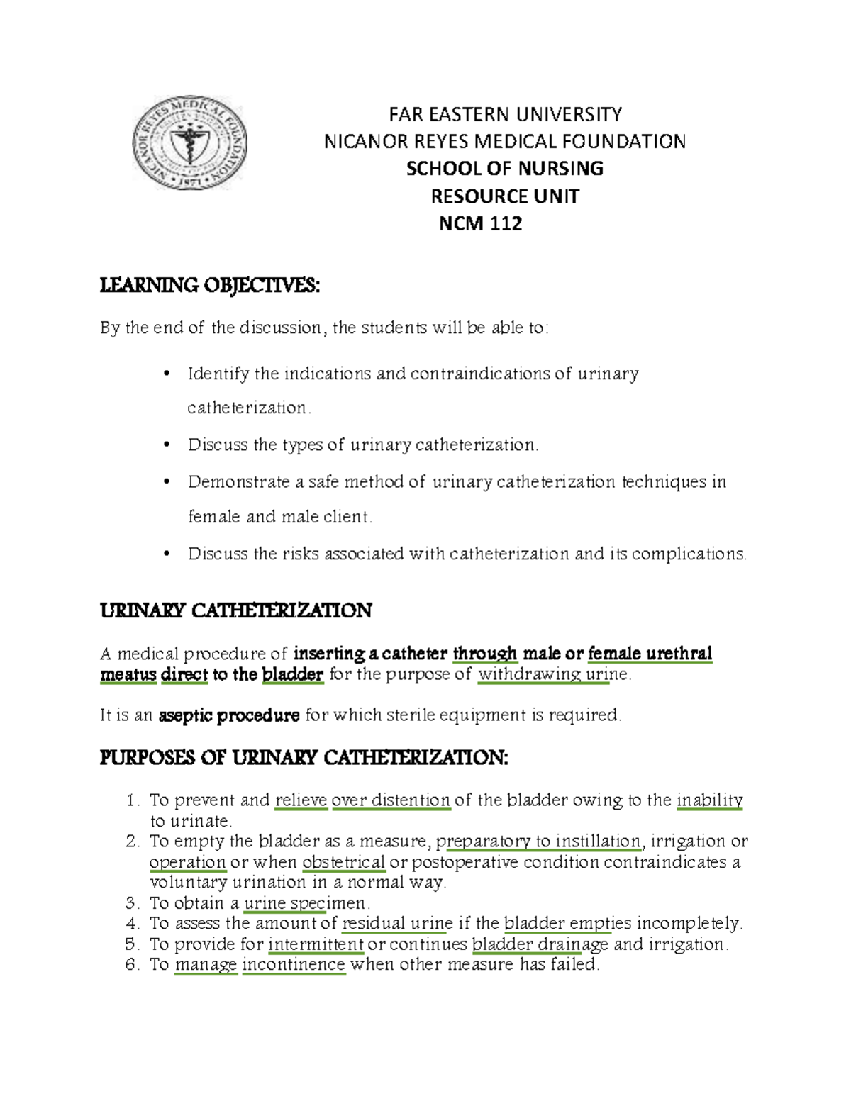 Urinary Catheterization PDF - FAR EASTERN UNIVERSITY NICANOR REYES ...
