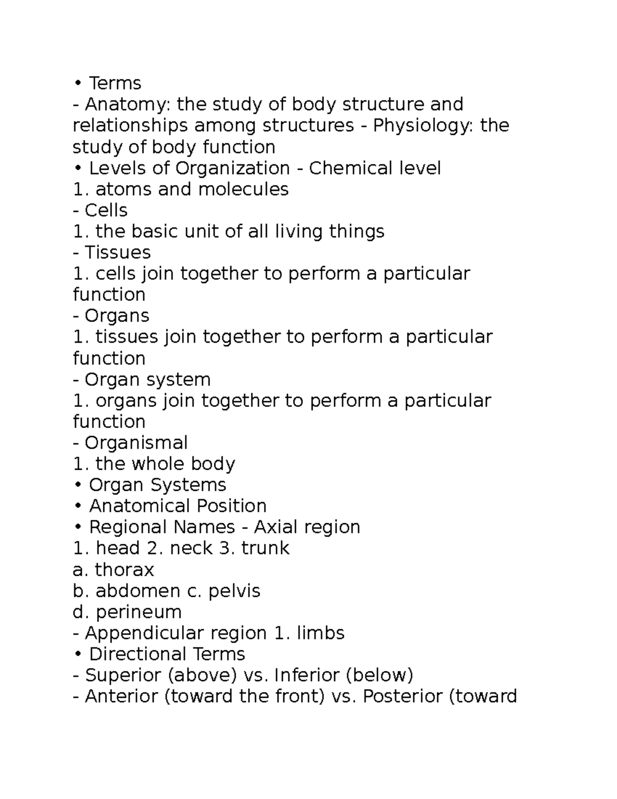 Bio 1 - Notes - Terms Anatomy: the study of body structure and ...