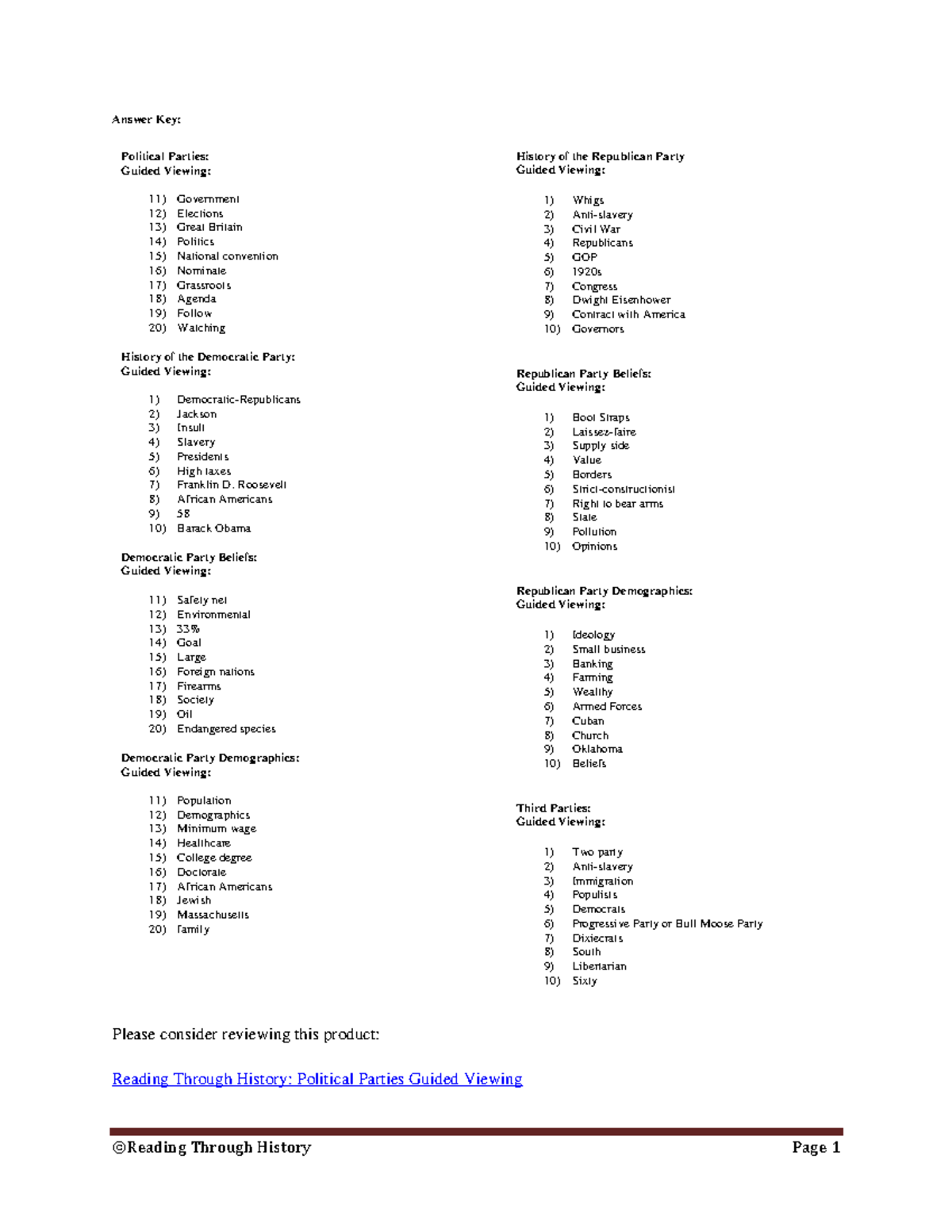RTH Answer Key Political Parties Guided Viewing ©Reading Through