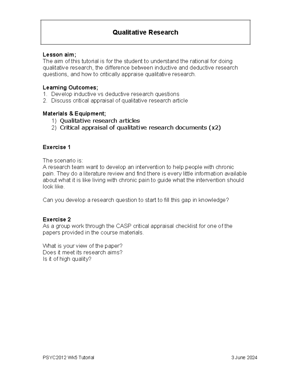 Qual Tutorial 1 Handout - Qualitative Research Lesson aim; The aim of ...