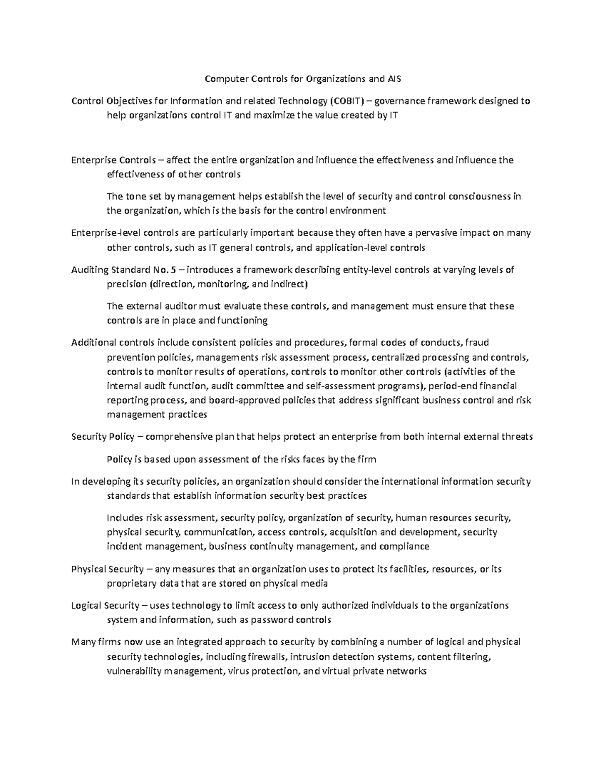 Chapter 14 Notes Computer Controls for Organizations and AIS Control