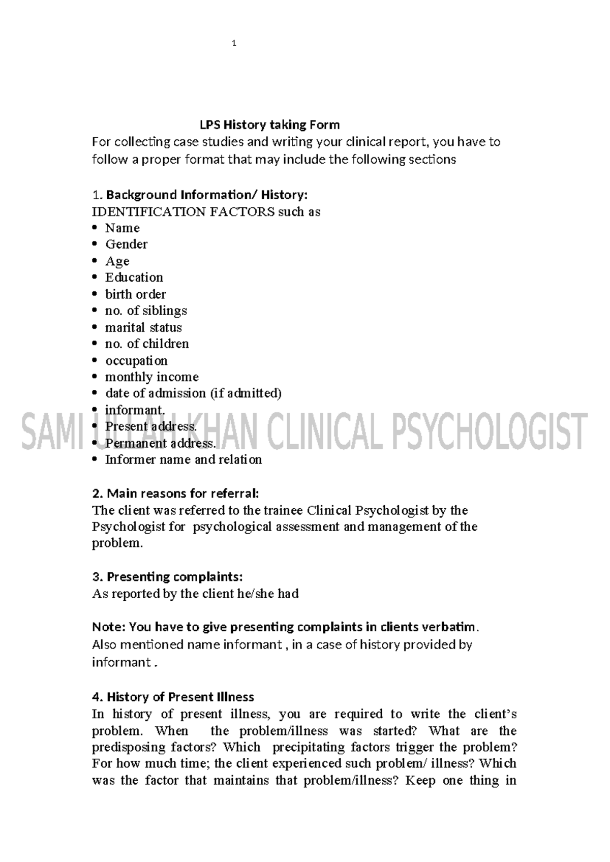 Case History taking Format LPS History taking Form For collecting