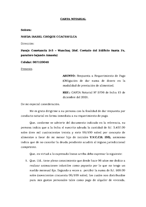 Contesta carta notarial por Deuda de alimentos - CARTA NOTARIAL Señora:  NAYDA ISABEL CHOQUE - Studocu