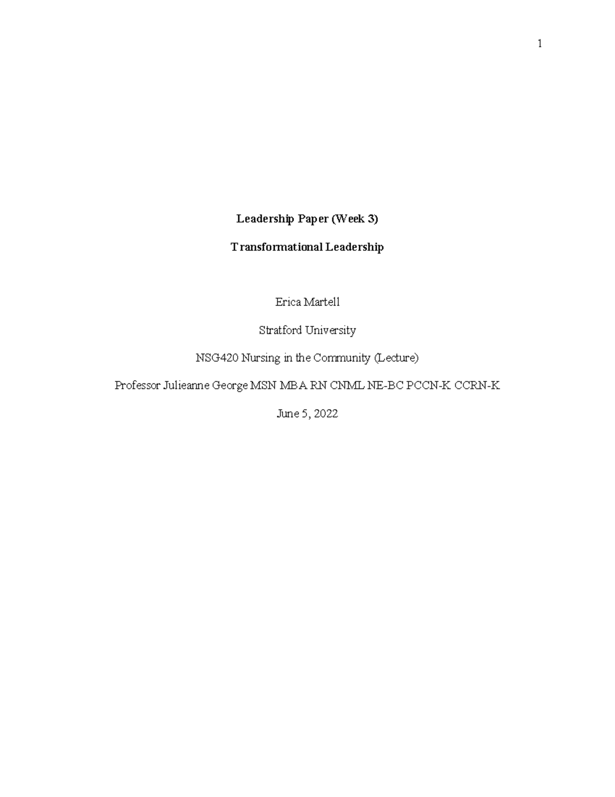 NSG420 Leadership Paper Week 3 Transformational Leadership - Leadership ...