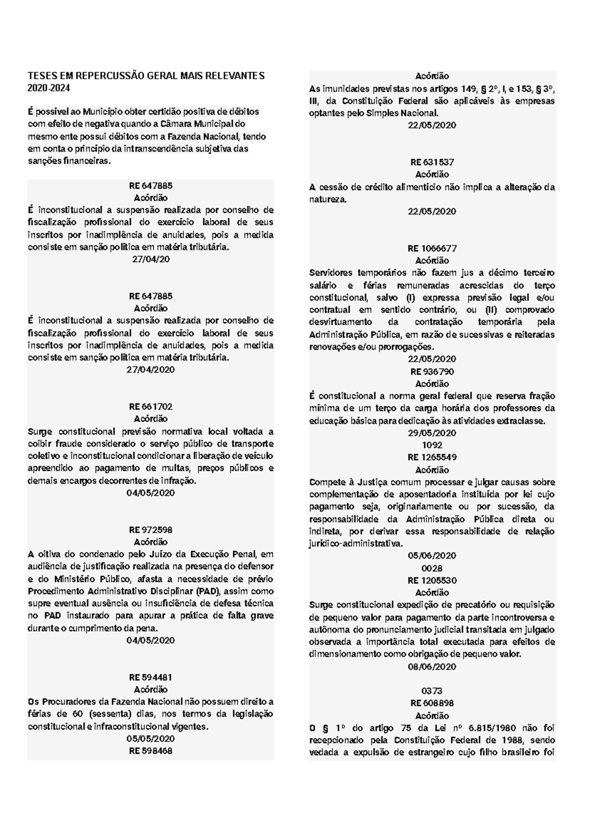 Teses Em Repercussão Geral Mais Relevantes 2020 2024 Teses Em