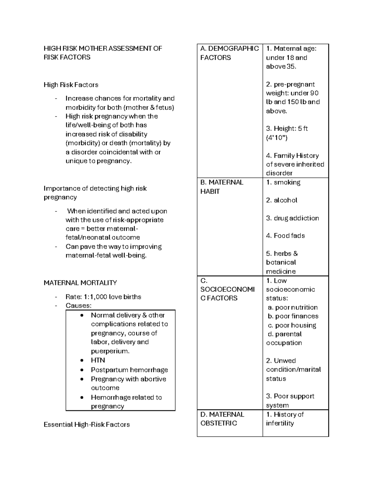 HIGH RISH Mother Assessment OF RISK Factors - HIGH RISK MOTHER ...