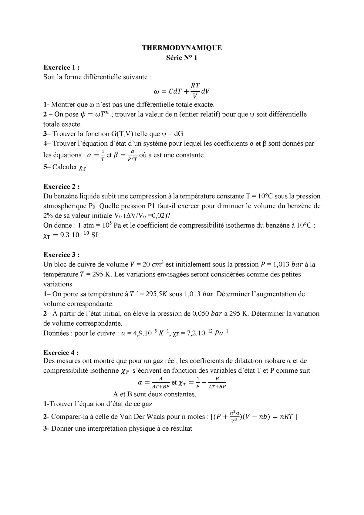 THERMODYNAMIQUE Série N° 1 - THERMODYNAMIQUE Série N° 1 Exercice 1 ...