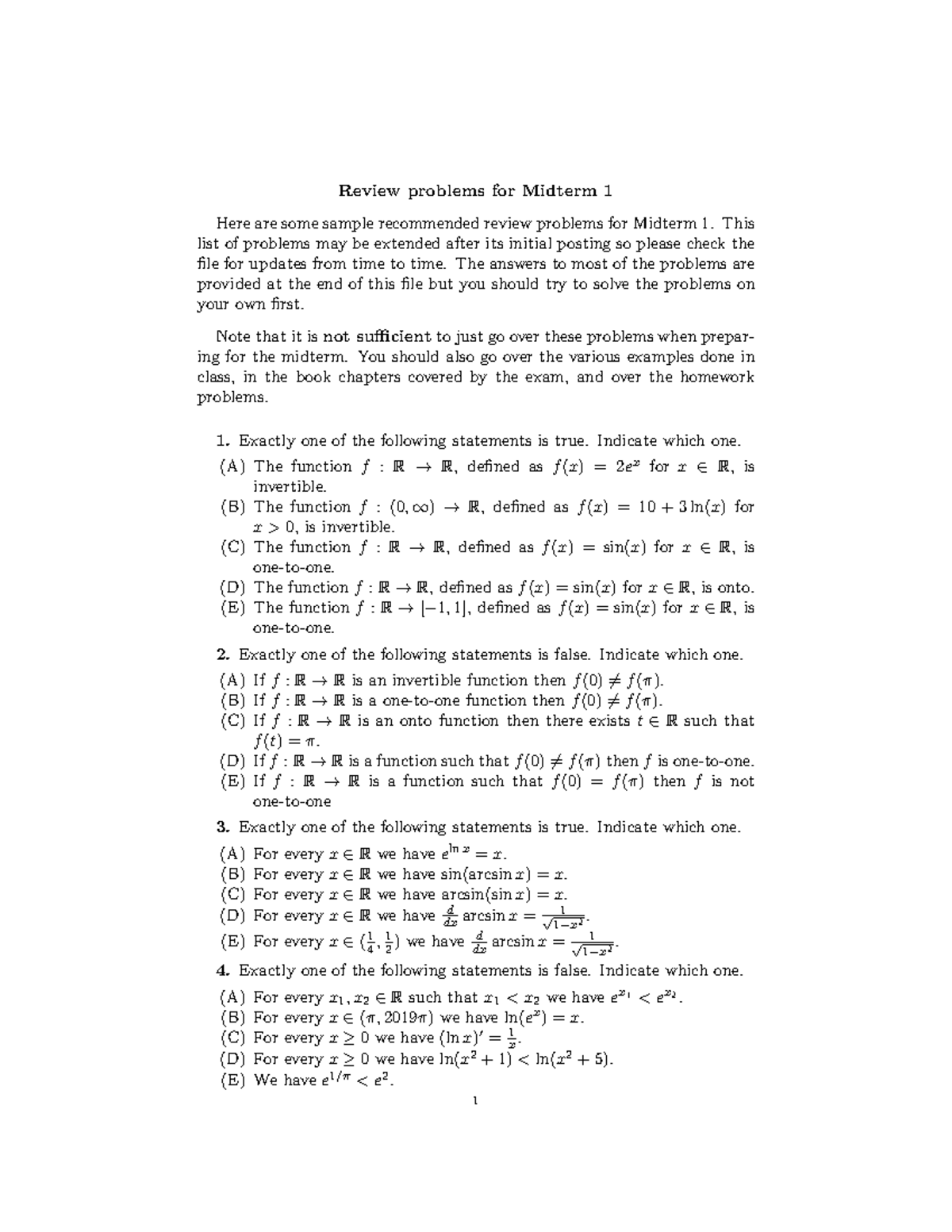 Midterm 1 Review Review Problems For Midterm 1 Here Are Some Sample Recommended Review 0895