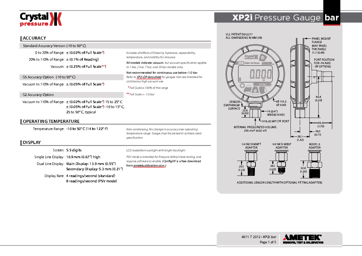 Digital pressure gauge xp2i bar data sheet us ACCURACY Standard