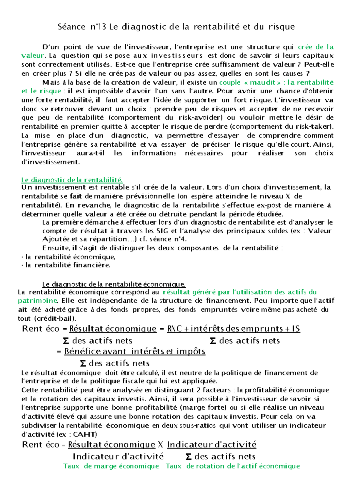 Seance n 13-le diagnostic de la rentabilite et du risque - Séance n° 13 ...