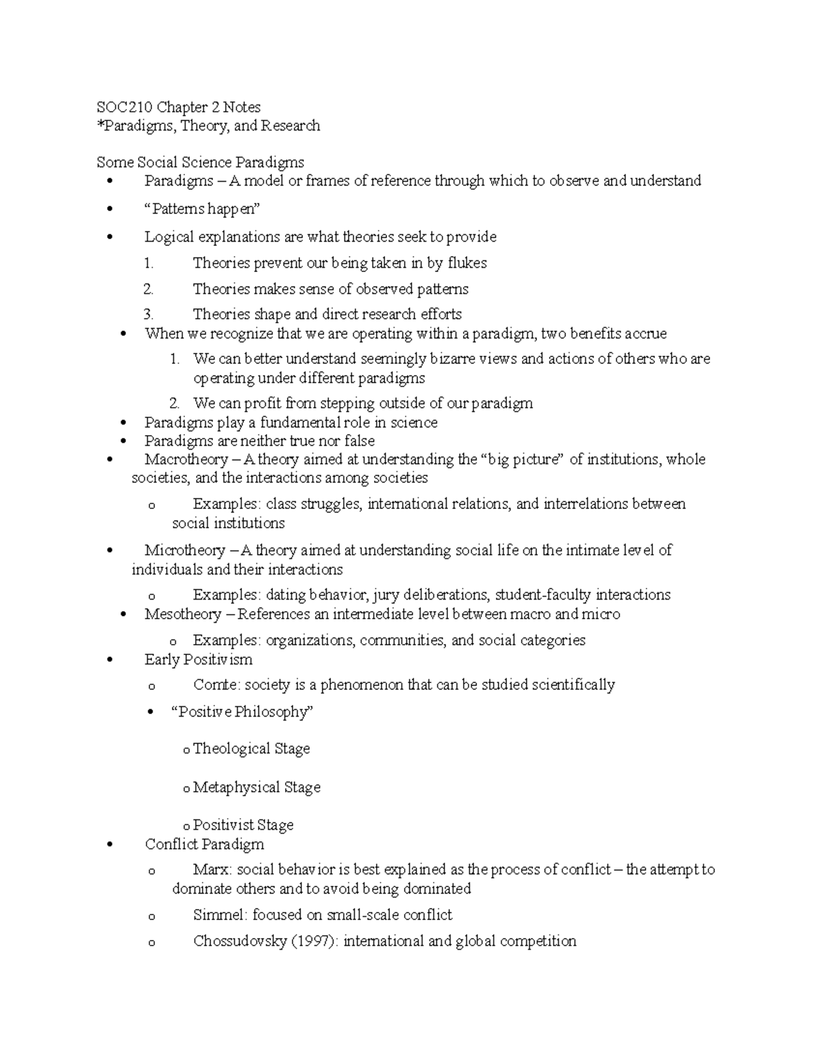 SOC210 Chapter 2 Notes - SOC210 Chapter 2 Notes *Paradigms, Theory, and ...