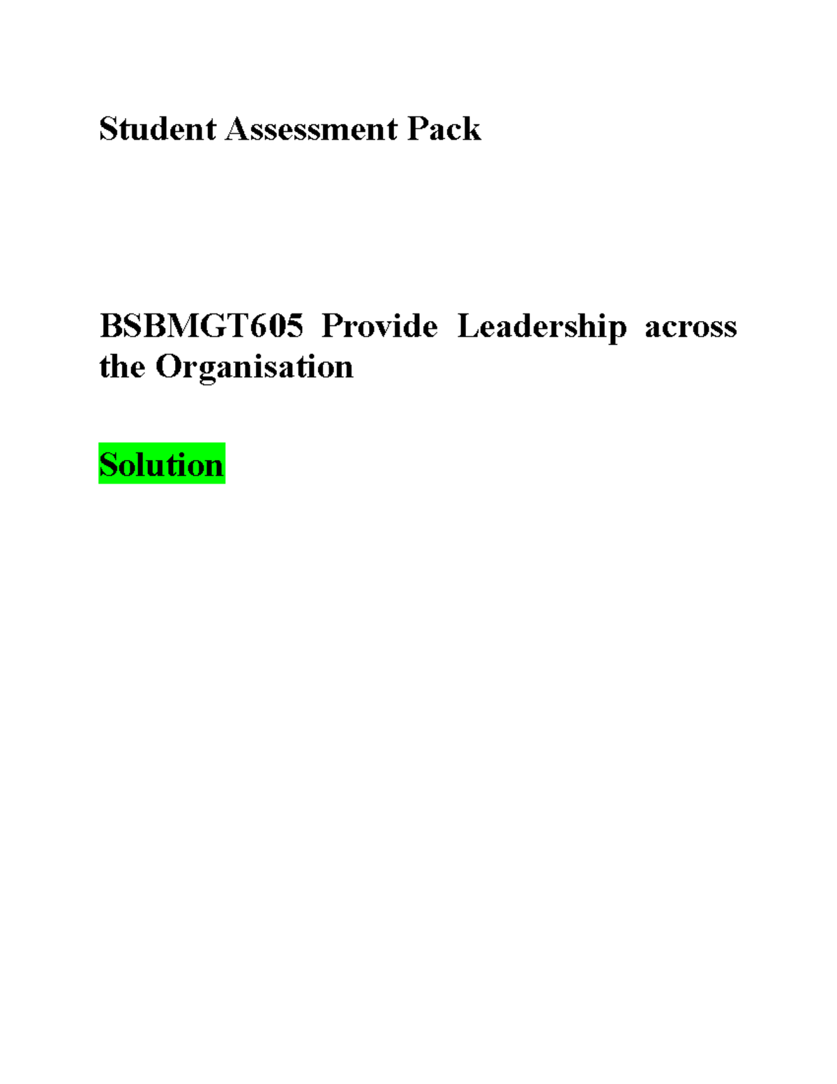 Bsbmgt 605 Student Assessment Pack-Task 2 - Student Assessment Pack ...