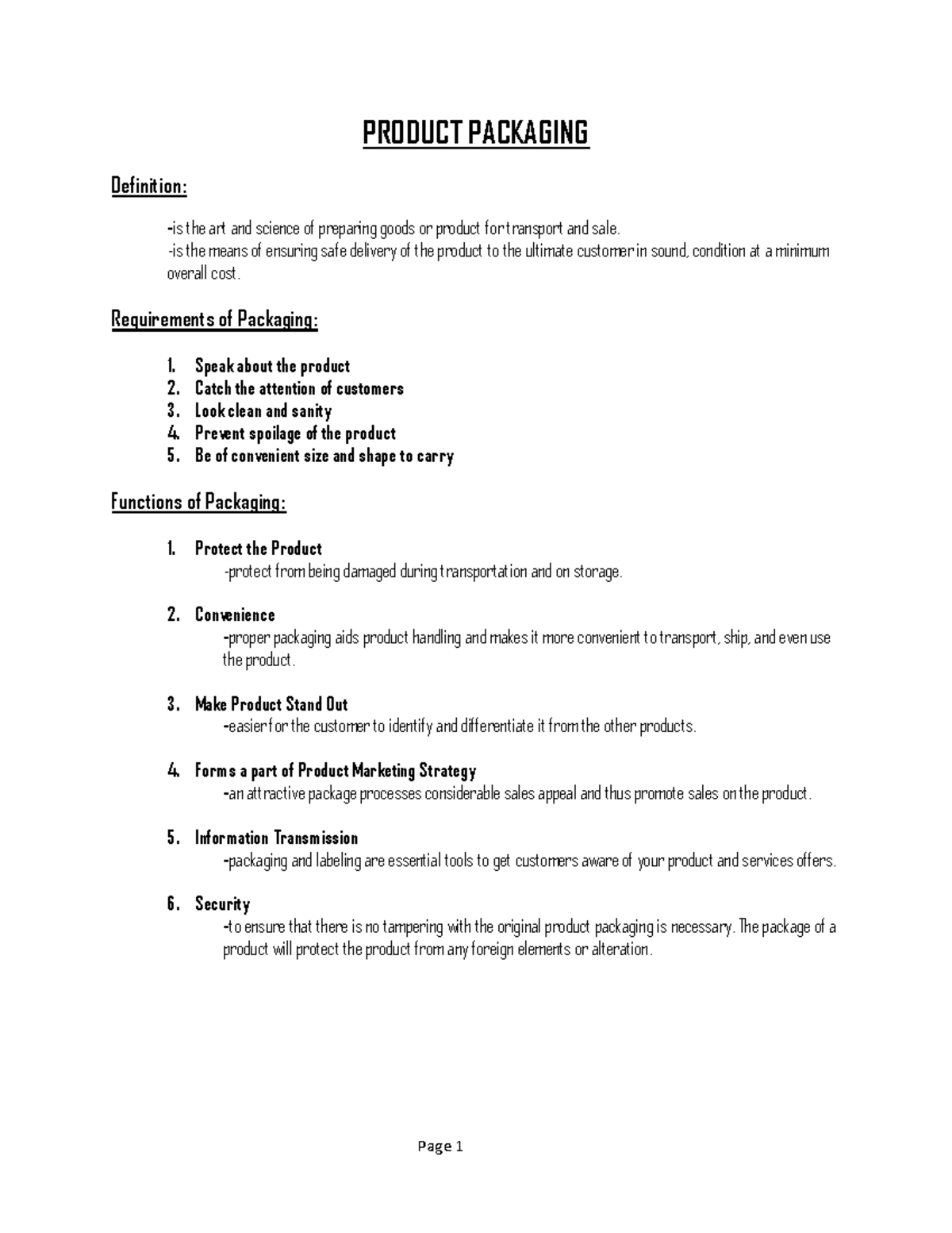 Product Packaging Page 1 PRODUCT PACKAGING Definition is the art