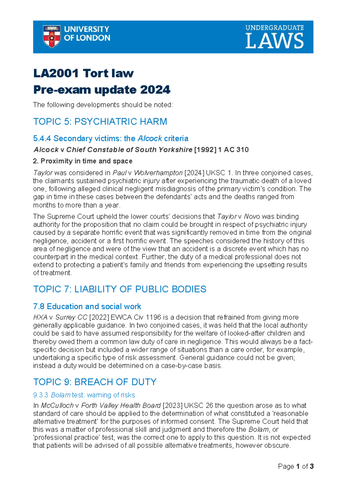 Pre Exam Update 2024 - Page 1 of 3 LA2001 Tort law Pre-exam update 2024 ...