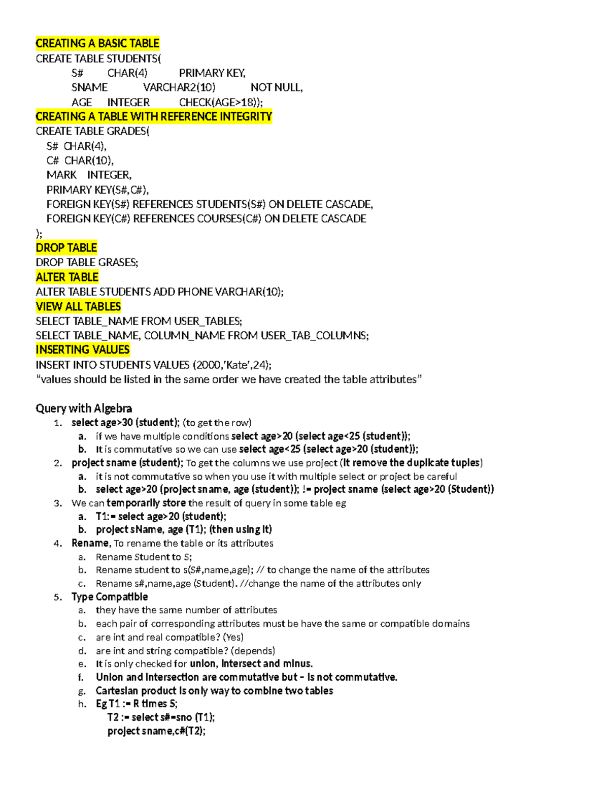 SQL basics - N N. N N - CREATING A BASIC TABLE CREATE TABLE STUDENTS( S ...