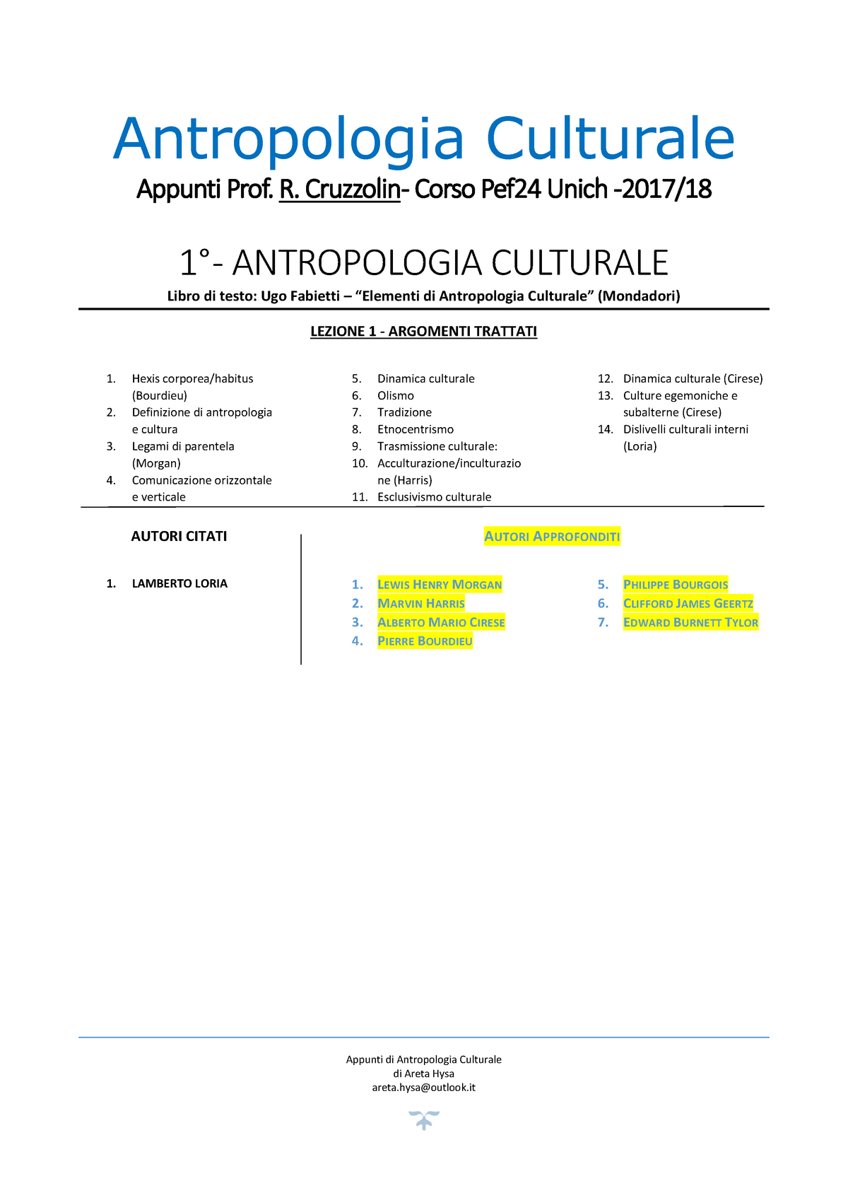 Lezioni: Appunti di Elementi di antropologia culturale