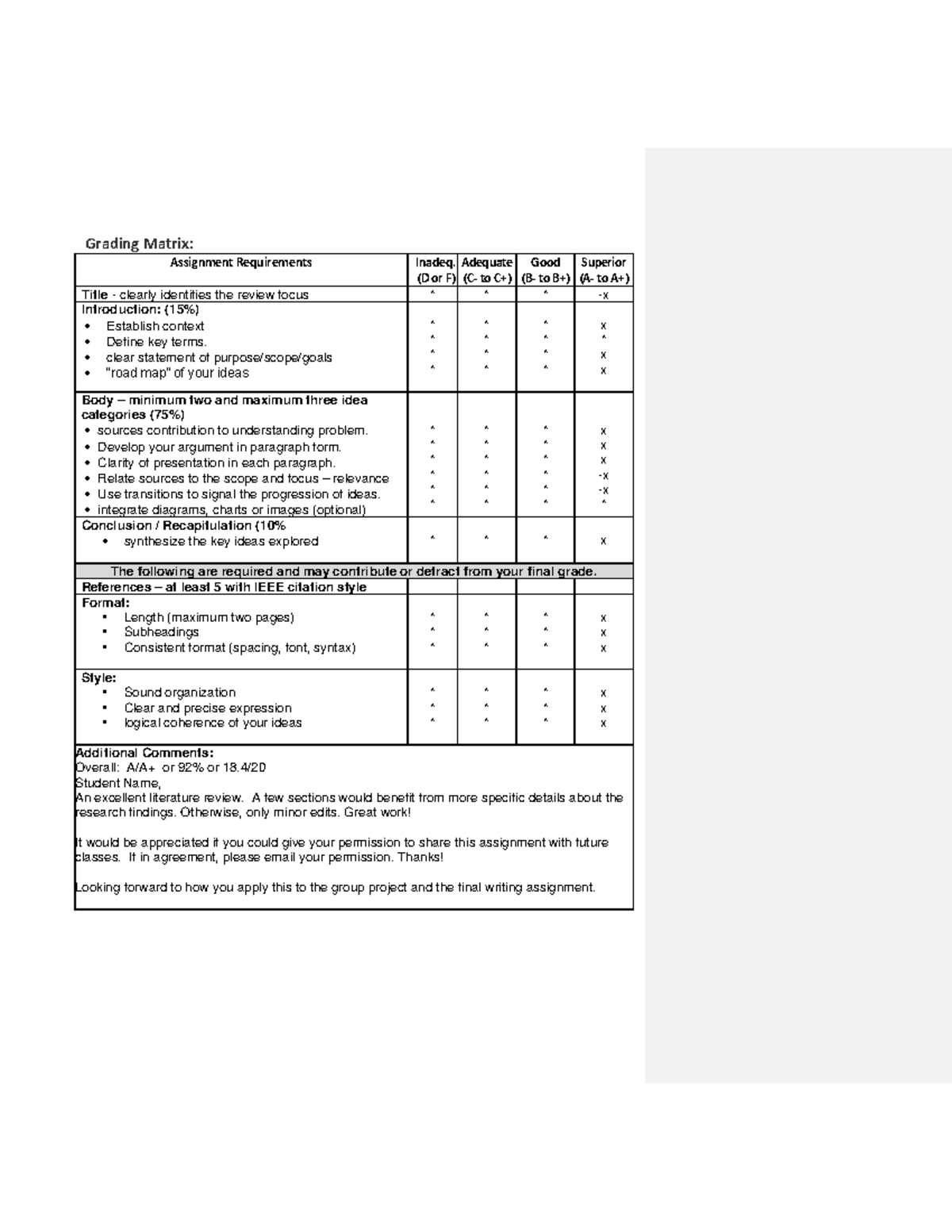 5.Sample Graded - LitRev.Denoising ENCS 6721 - Grading Matrix ...