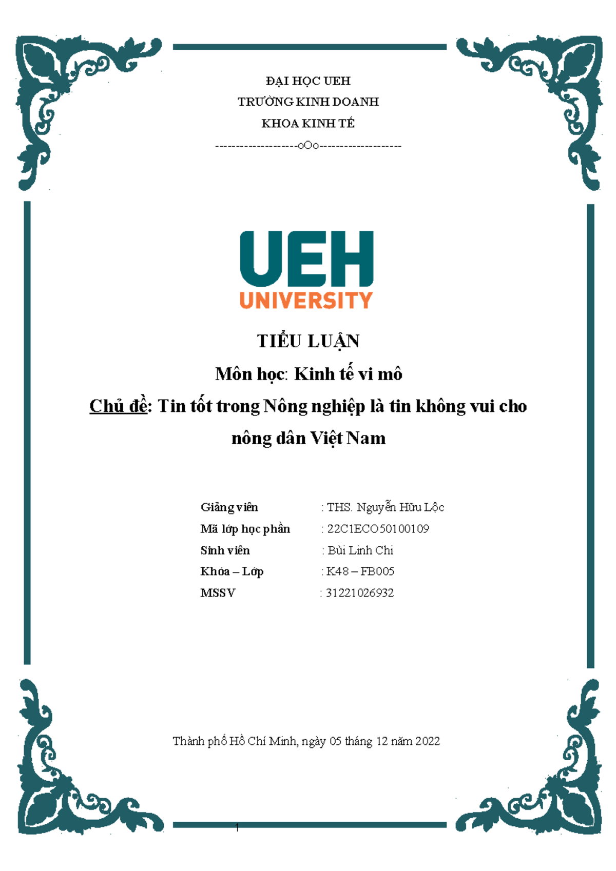 Assignment KTVM - vi mô ueh - ĐẠI HỌC UEH TRƯỜNG KINH DOANH KHOA KINH ...