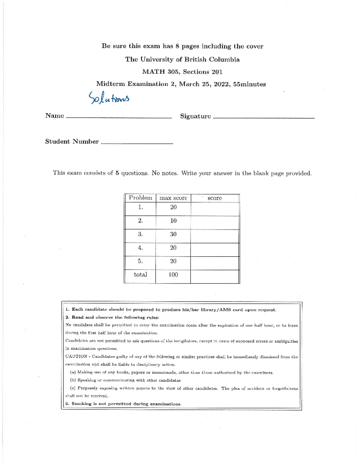 MATH305 201 2022 Old Midterm 2 2021 - Be Sure This Exam Has 8 Pages ...