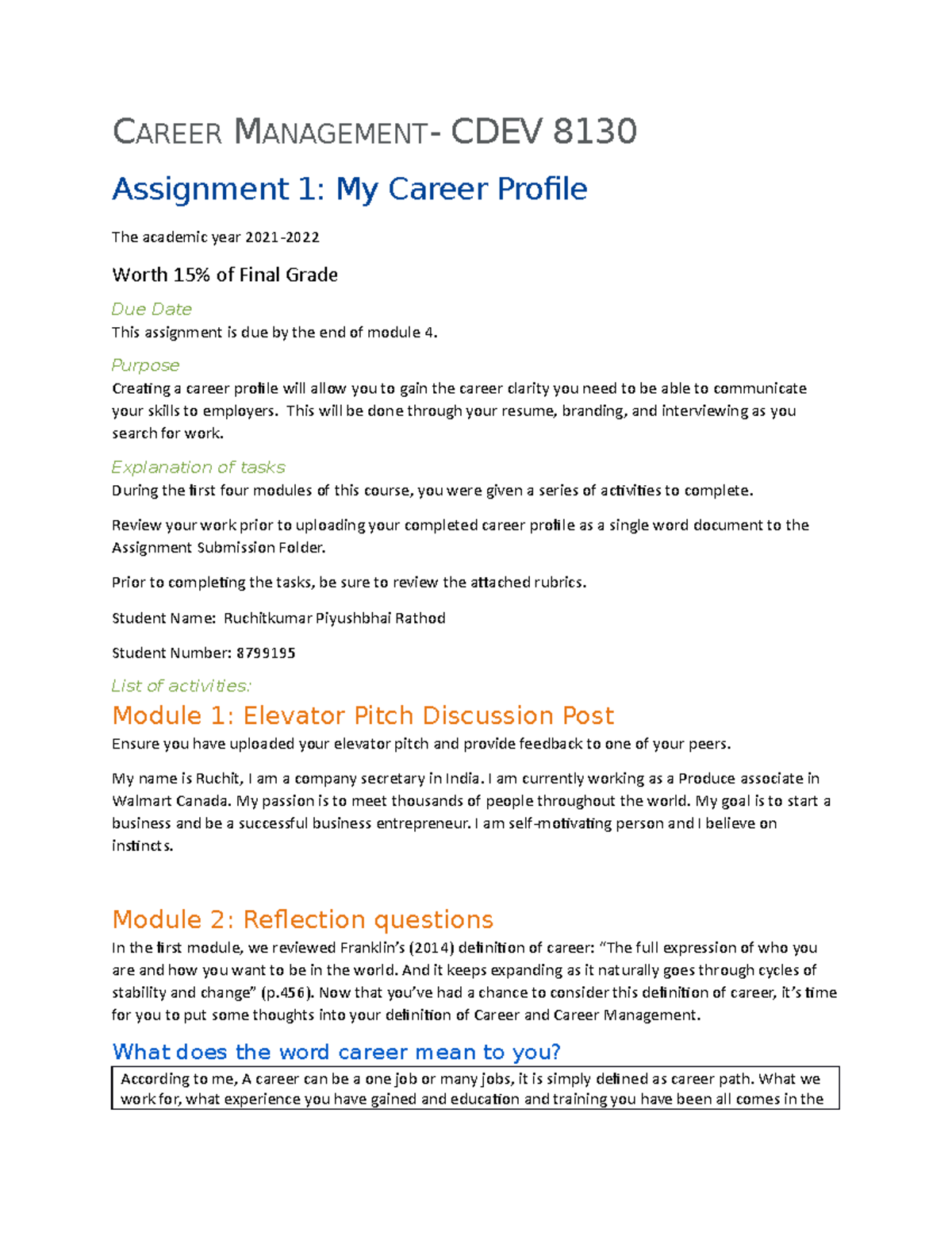 8799195 Assignment 1 My Career Profile - CAREER MANAGEMENT- CDEV 8130 ...
