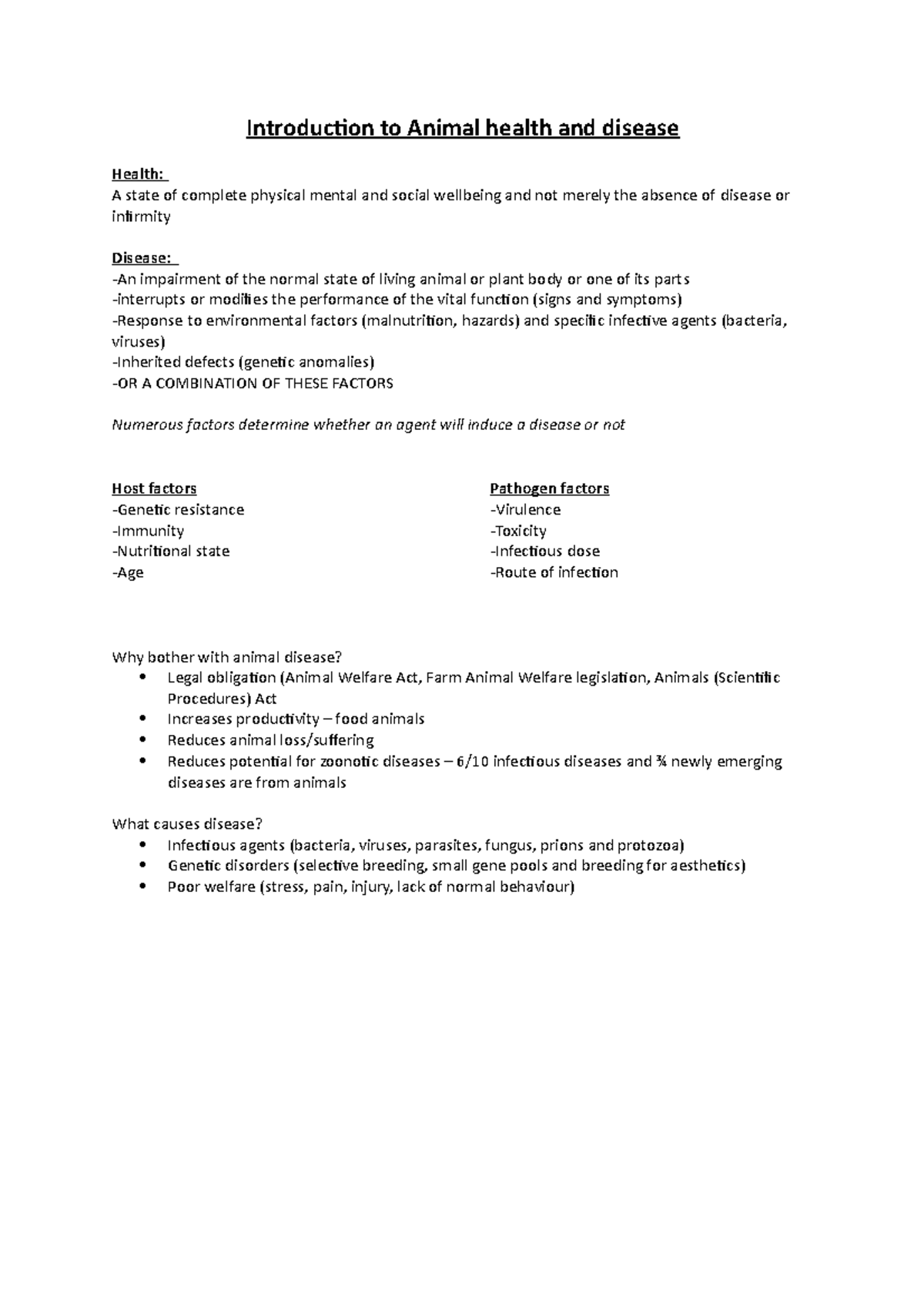 Introduction - notes - Introduction to Animal health and disease Health ...