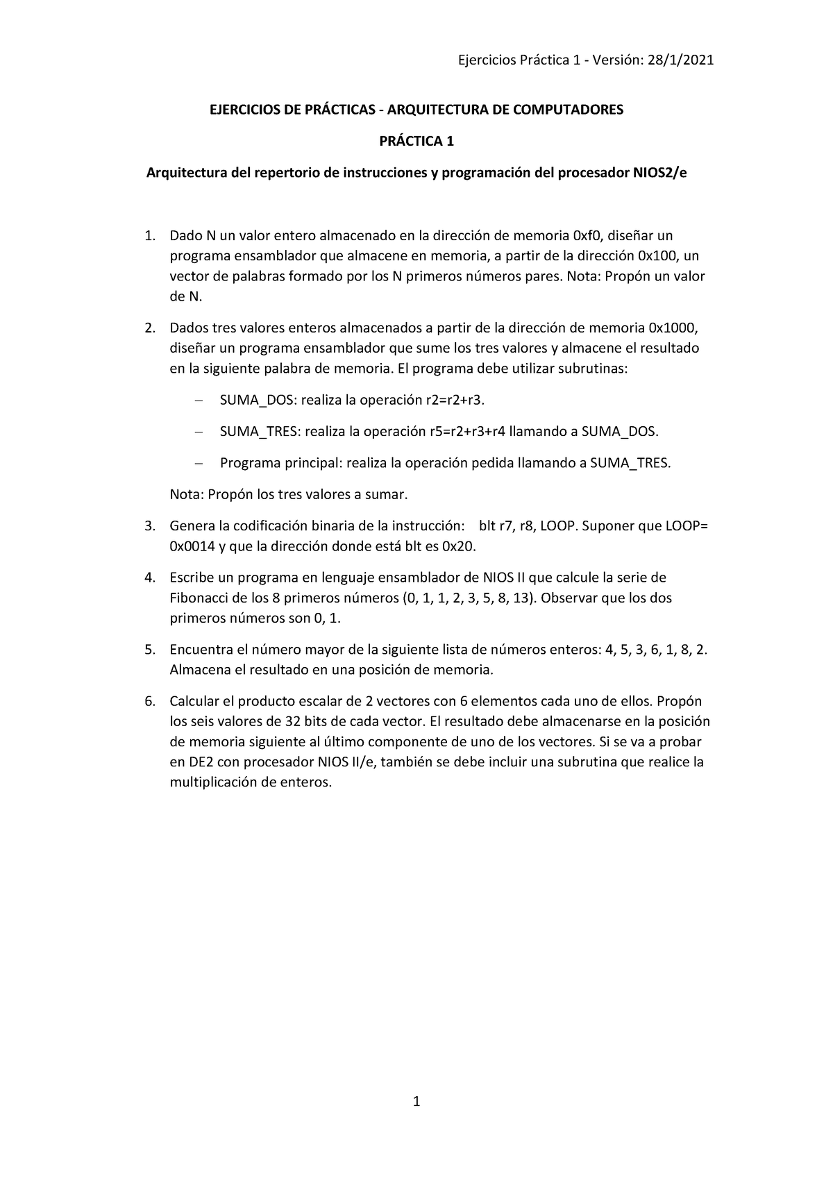 Práctica 1 Procesador NIOS II - EJERCICIOS DE PRÁCTICAS - ARQUITECTURA ...