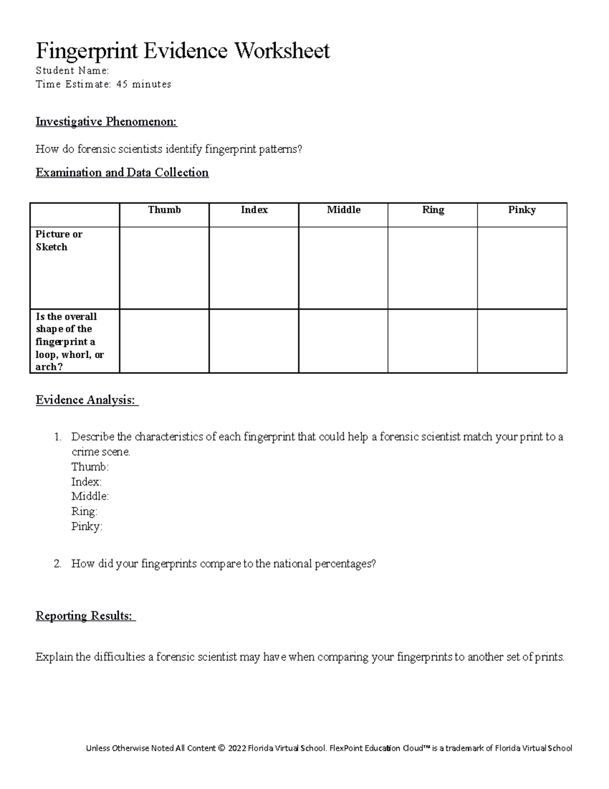 Fingerprint evidence worksheet Fingerprint Evidence Worksheet Student
